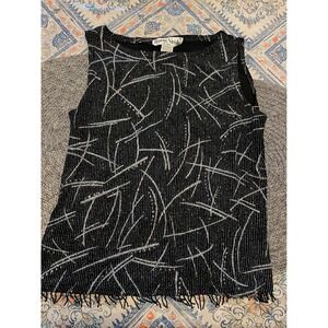 Ronni Nicole by Ouida Black Beaded Sleeveless Top Silver Fringe Evening Blouse 8